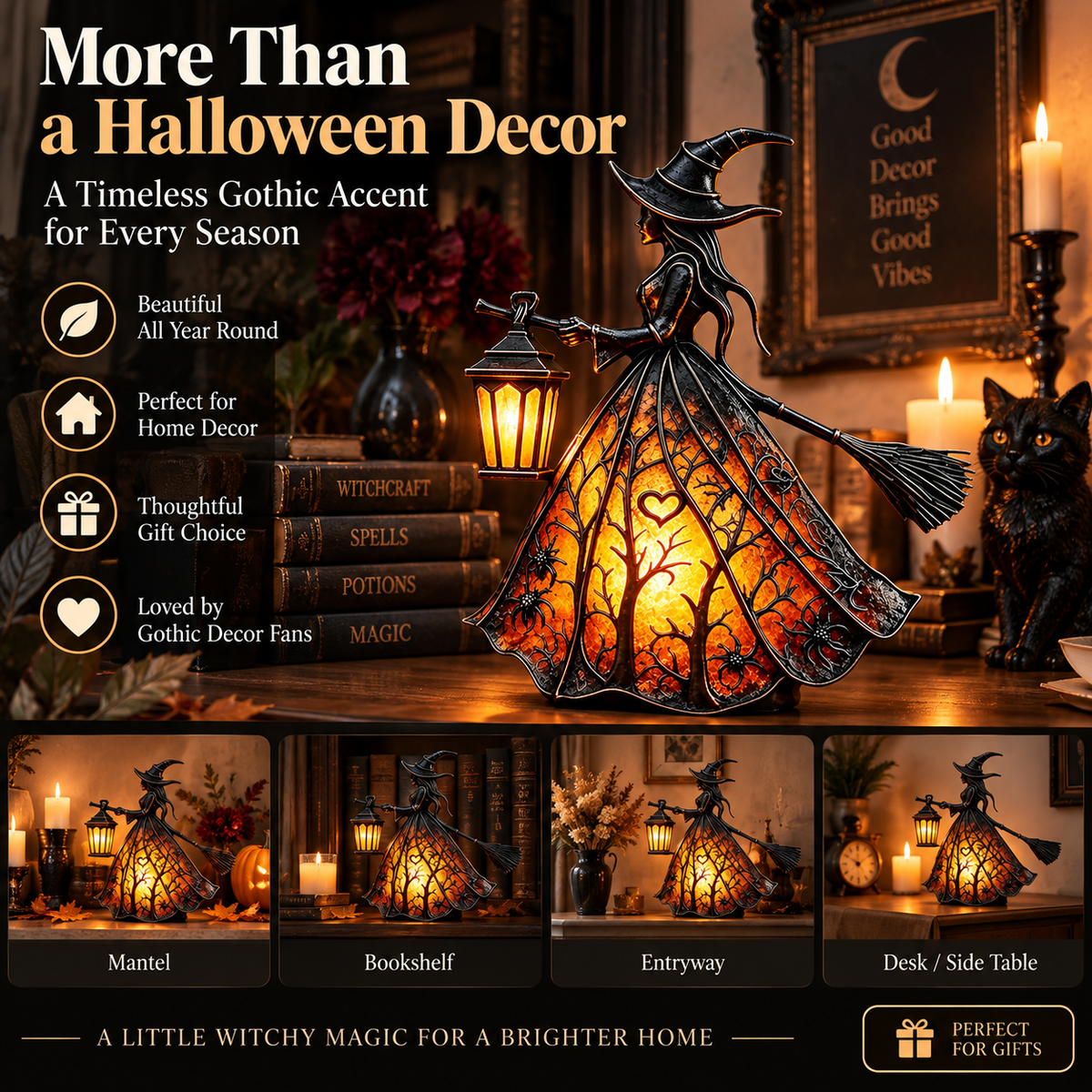 🧙♀️ Lighted Gothic Witch Lantern, Warm LED Halloween Table Decor Figurine