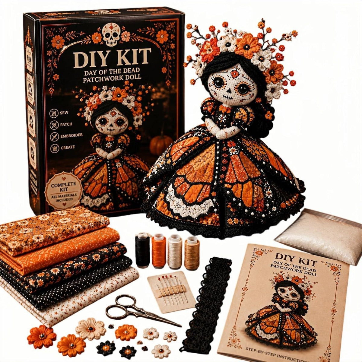 πΌ Day of the Dead-Inspired Skeleton Bride DIY Kit β Handmade Patchwork Doll