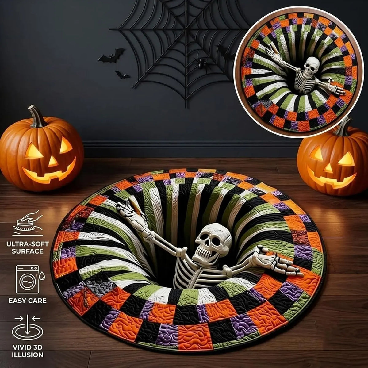 3D Skeleton Vortex Quilted Round Halloween Rug🎃