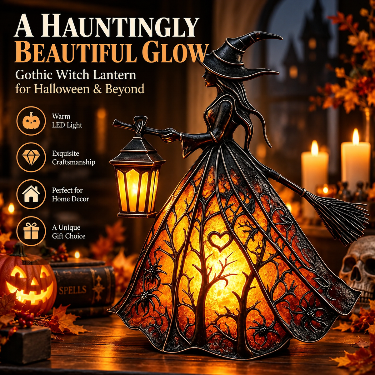🧙‍♀️ Lighted Gothic Witch Lantern, Warm LED Halloween Table Decor Figurine