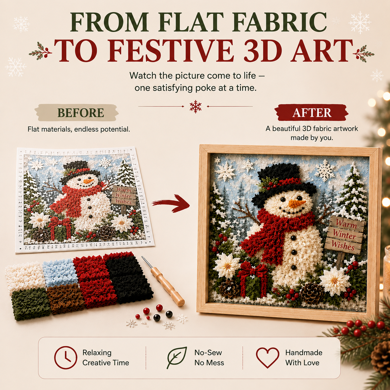 ⛄DIY Snowman Fabric Poke Art Kit, Handmade 3D Christmas Holiday Decoration Craft Set