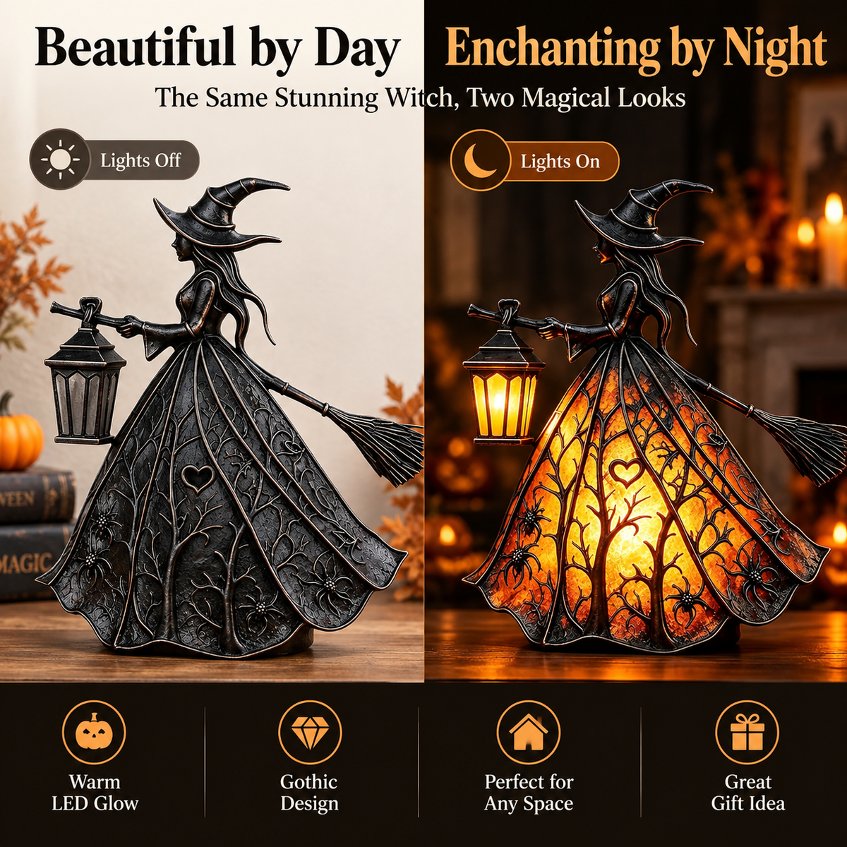 🧙‍♀️ Lighted Gothic Witch Lantern, Warm LED Halloween Table Decor Figurine