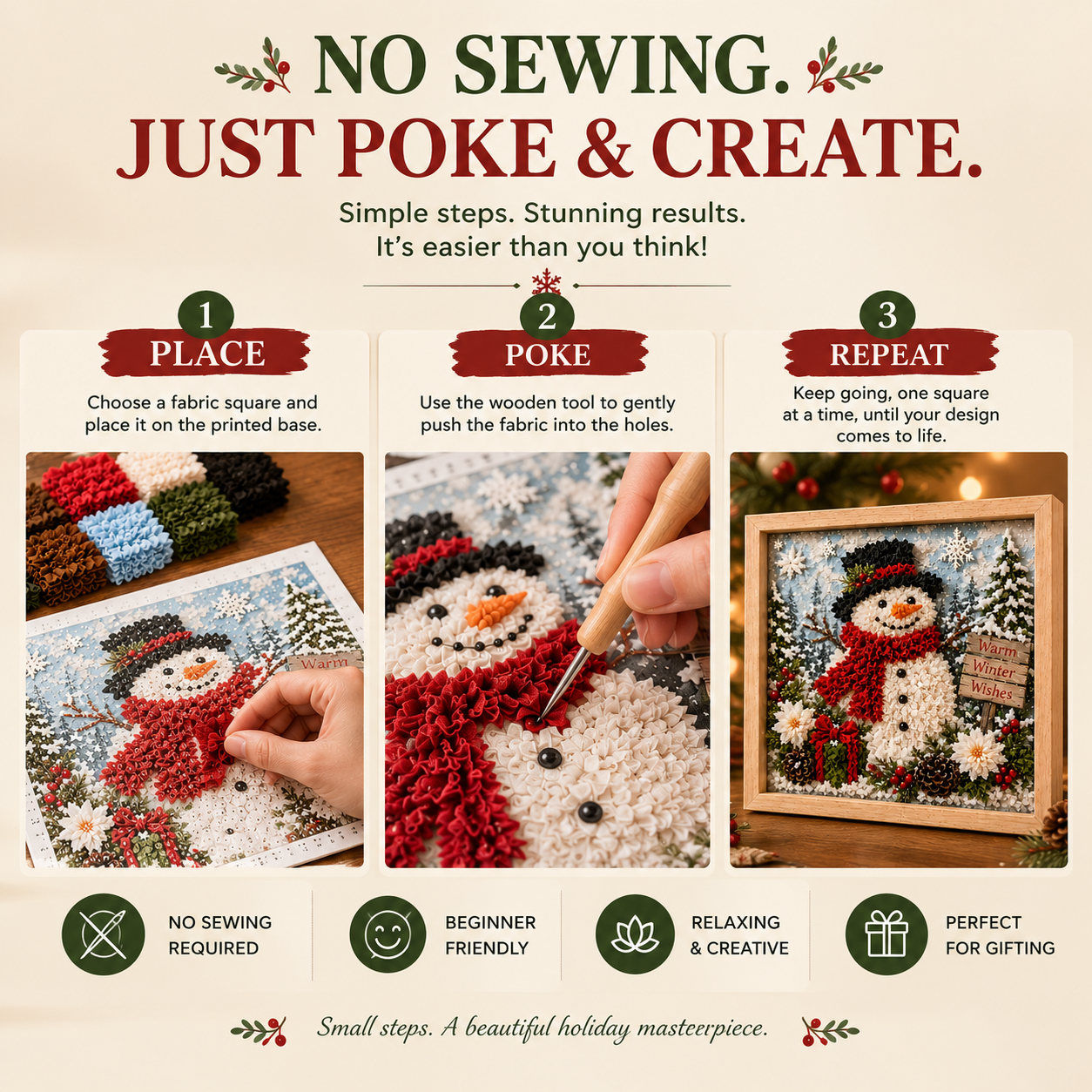 ⛄DIY Snowman Fabric Poke Art Kit, Handmade 3D Christmas Holiday Decoration Craft Set