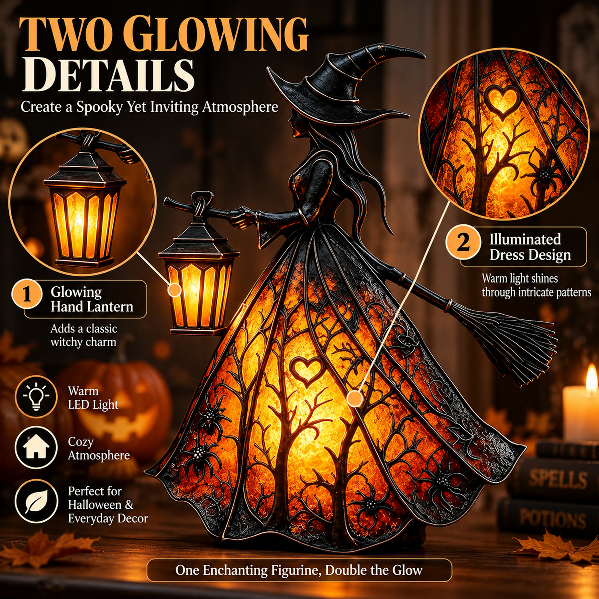 🧙‍♀️ Lighted Gothic Witch Lantern, Warm LED Halloween Table Decor Figurine