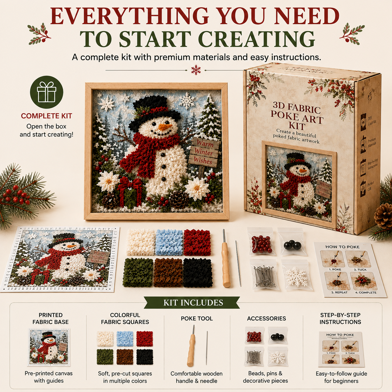 ⛄DIY Snowman Fabric Poke Art Kit, Handmade 3D Christmas Holiday Decoration Craft Set