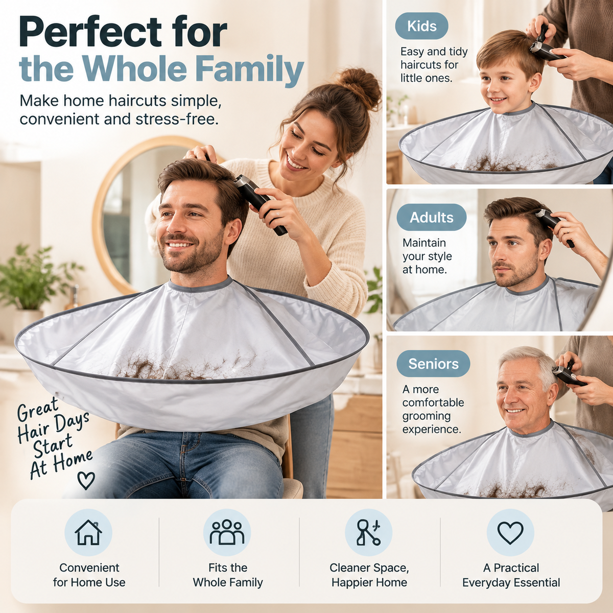 ⭕ Umbrella‑Style Hair Cutting Cape with Memory Steel Ring for Home Grooming