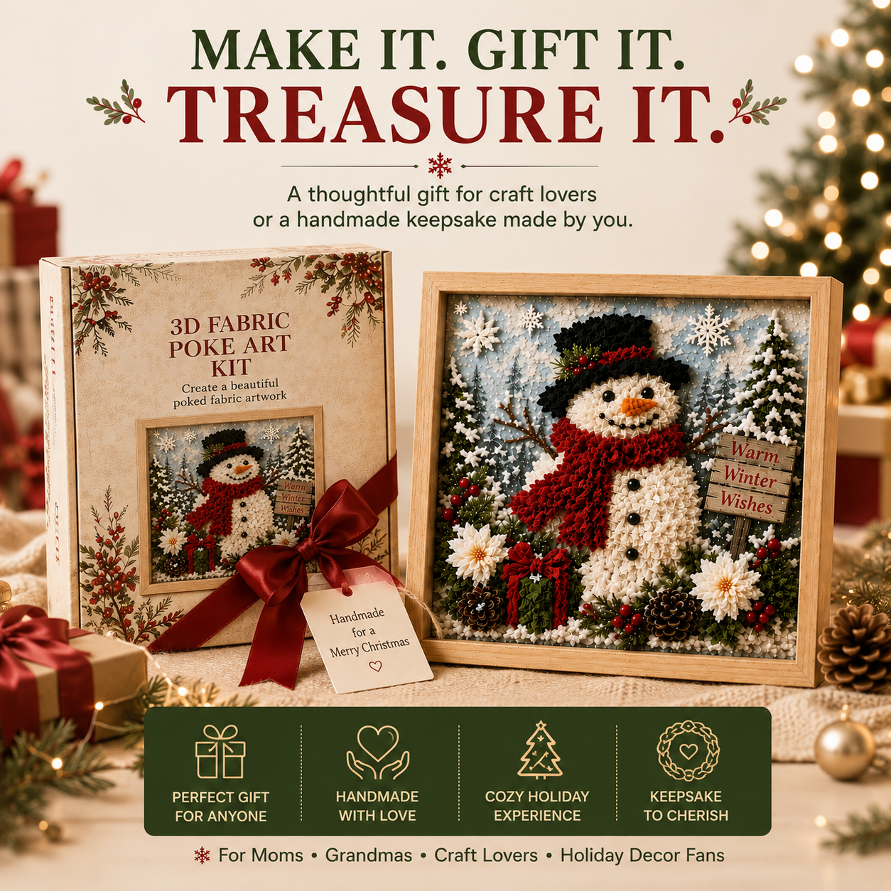 ⛄DIY Snowman Fabric Poke Art Kit, Handmade 3D Christmas Holiday Decoration Craft Set