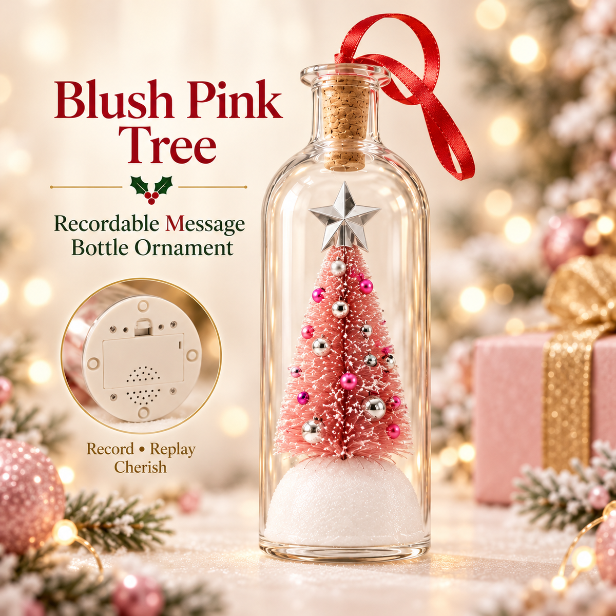 🎄 Recordable Glass Bottle Christmas Ornament, 8in Voice Recording Keepsake, Snowy Tree Scene