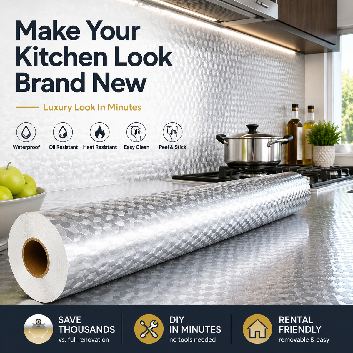 ✨ Peel & Stick Kitchen Makeover Film – Waterproof DIY Countertop & Cabinet Cover