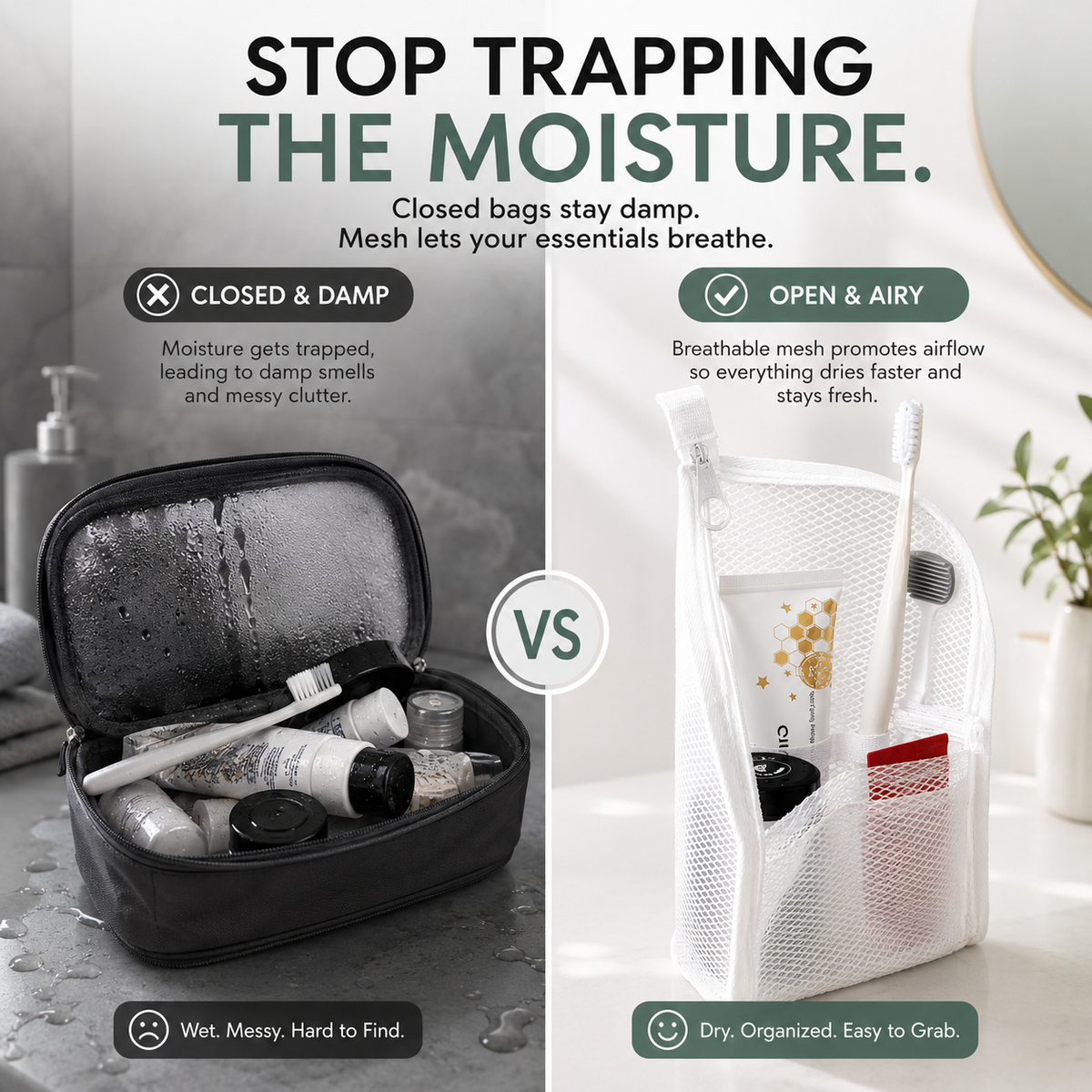 🧼 2‑Pack Quick‑Dry Mesh Hanging Toiletry Bag with Toothbrush Slots