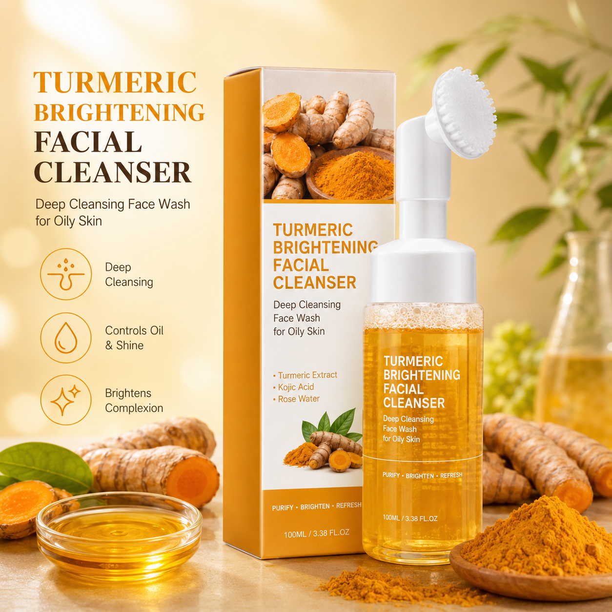 Turmeric Brightening Facial Cleanser, Deep Cleansing Face Wash for Oily Skin