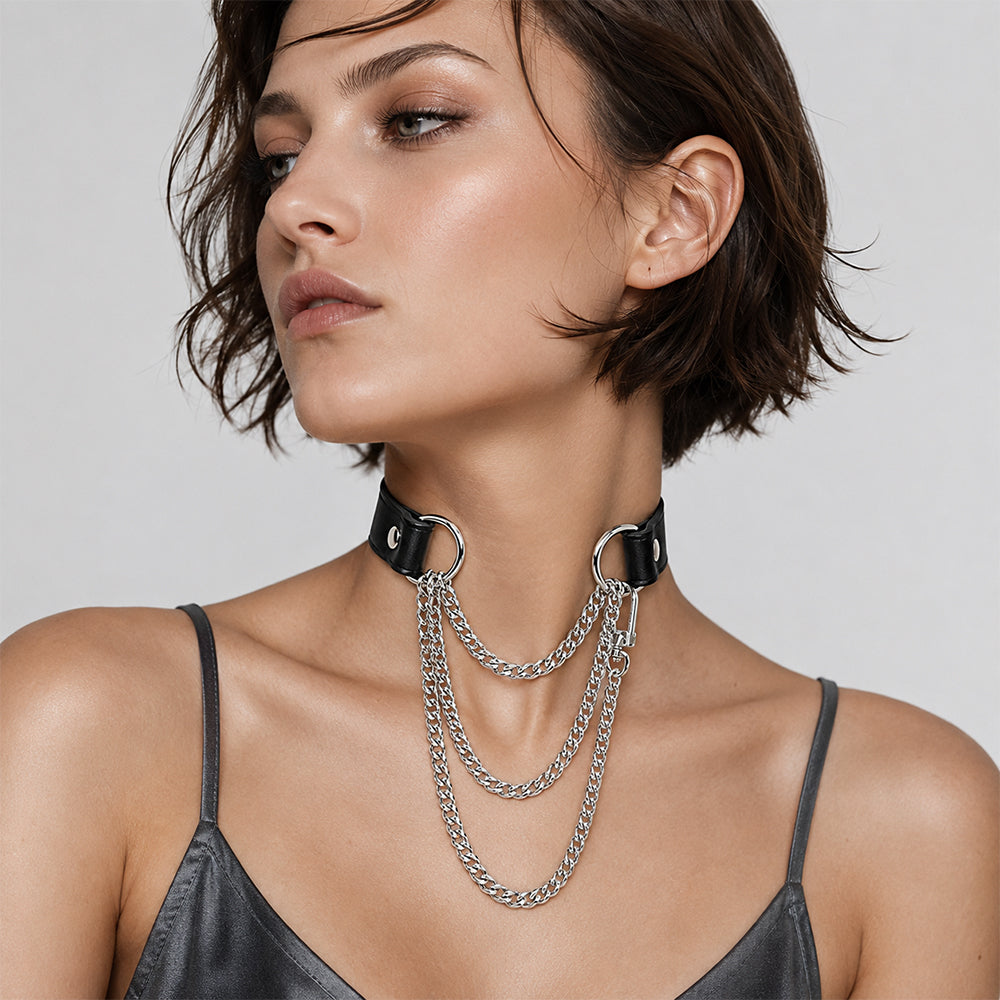 Black Vegan Leather Layered Choker Necklace