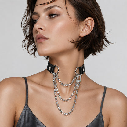 Black Vegan Leather Layered Choker Necklace