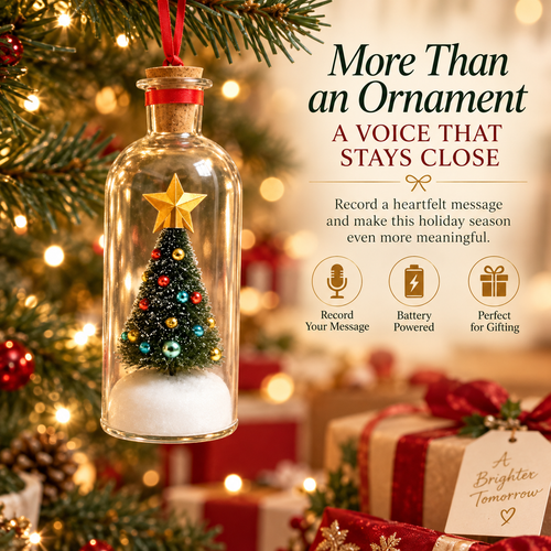 🎄 Recordable Glass Bottle Christmas Ornament, 8in Voice Recording Keepsake, Snowy Tree Scene