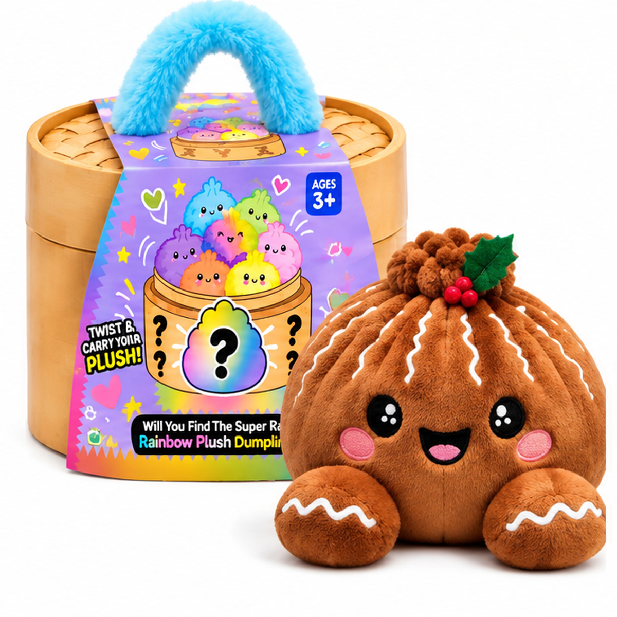 ✨Rainbow Dumpling Squishy Plush Toy with Imitation Bamboo Steamer, Christmas Decor Gift