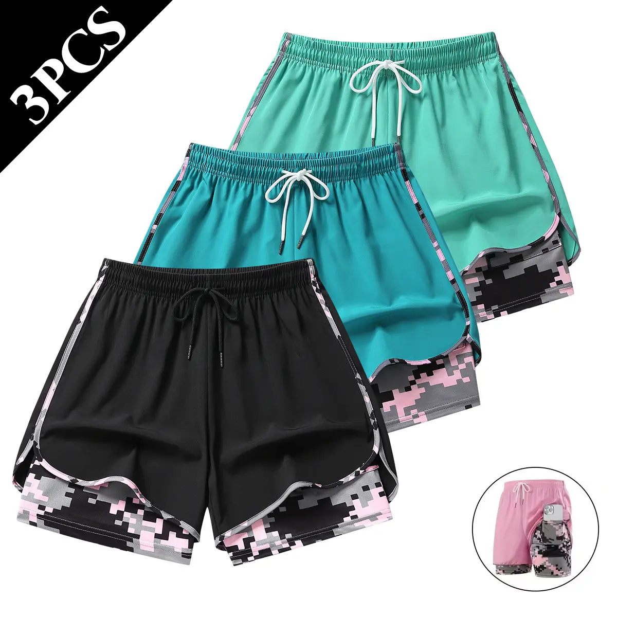 3 Pack Women Lightweight Double Layer Athletic Running Shorts for Summer Yoga Beach