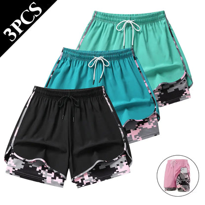 3 Pack Women Lightweight Double Layer Athletic Running Shorts for Summer Yoga Beach