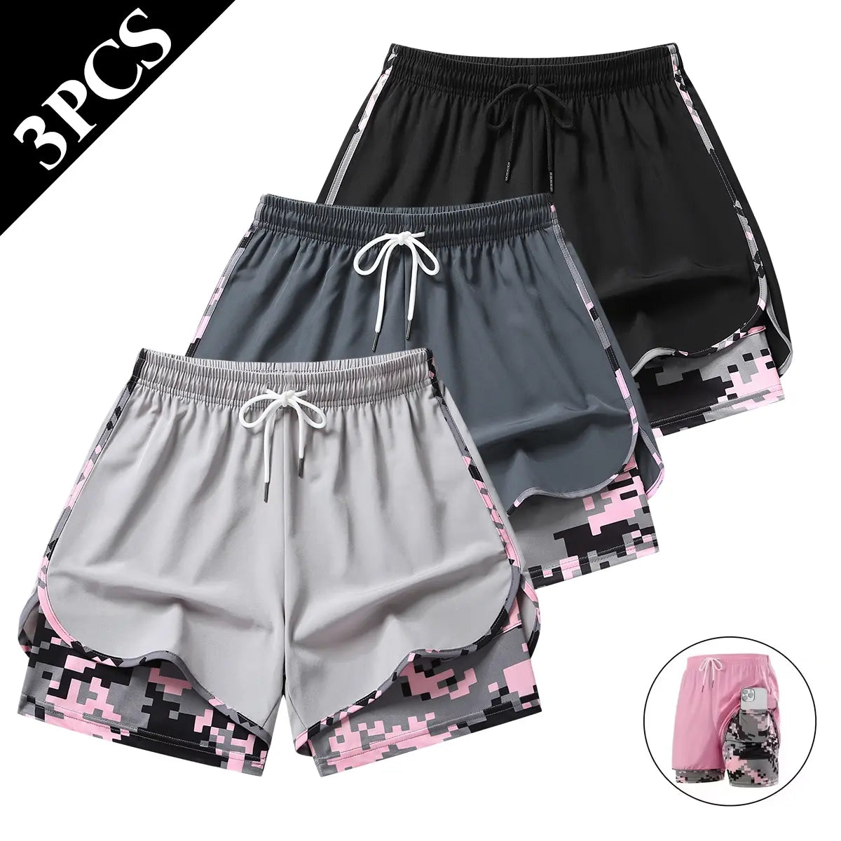 3 Pack Women Lightweight Double Layer Athletic Running Shorts for Summer Yoga Beach