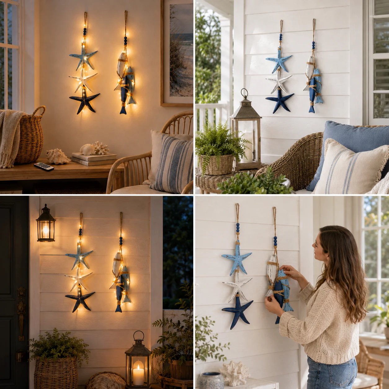 🐟🌊Lighted Coastal Wooden Starfish & Fish Hanging Decor