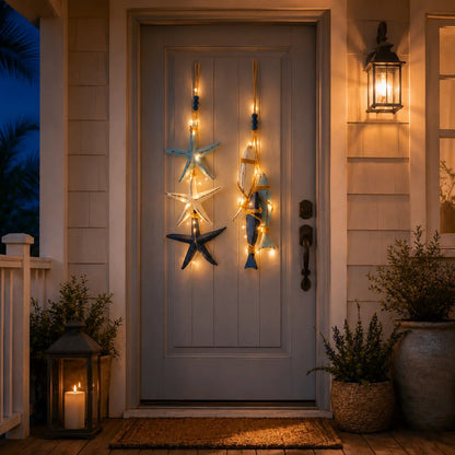 🐟🌊Lighted Coastal Wooden Starfish & Fish Hanging Decor