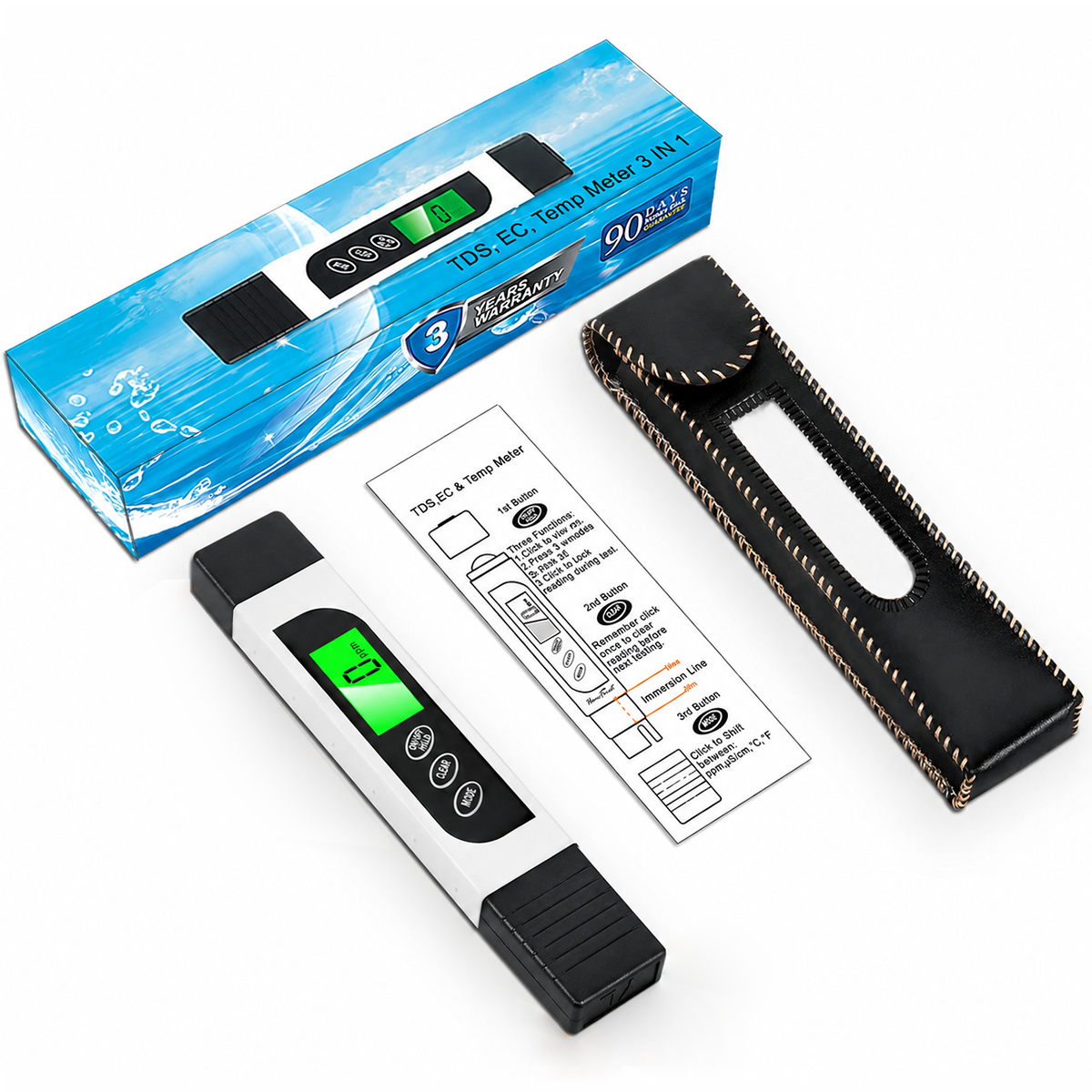 Digital TDS EC Temperature Water Tester Meter 0-9990ppm for Drinking Water & Aquariums