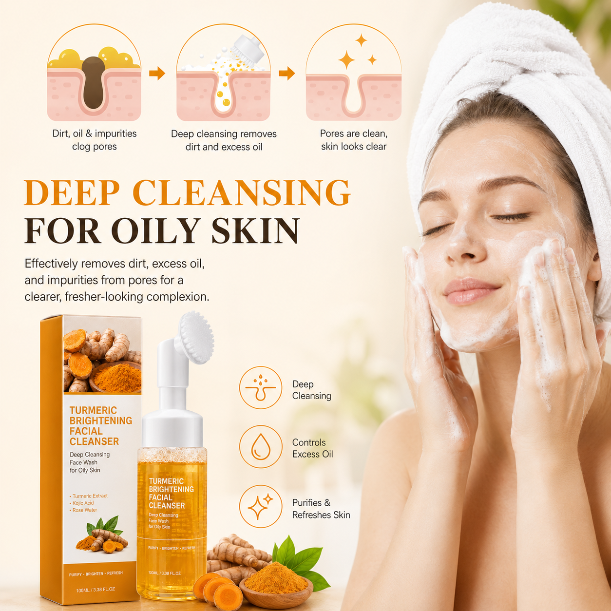 Turmeric Brightening Facial Cleanser, Deep Cleansing Face Wash for Oily Skin