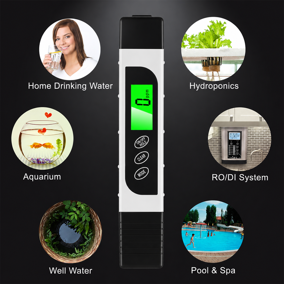 Digital TDS EC Temperature Water Tester Meter 0-9990ppm for Drinking Water & Aquariums