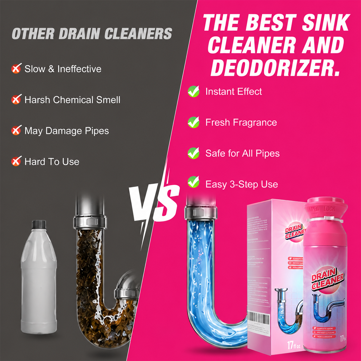 Foam Drain Cleaner, Alcohol‑Free Lemon Scent for Household Drains