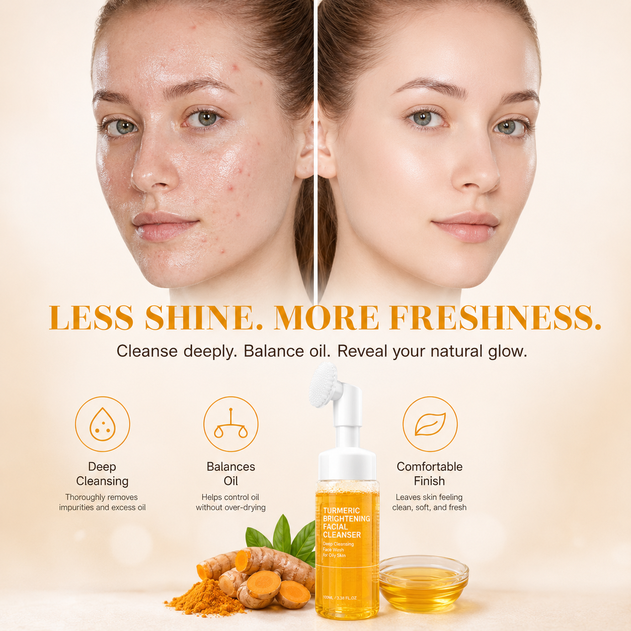 Turmeric Brightening Facial Cleanser, Deep Cleansing Face Wash for Oily Skin
