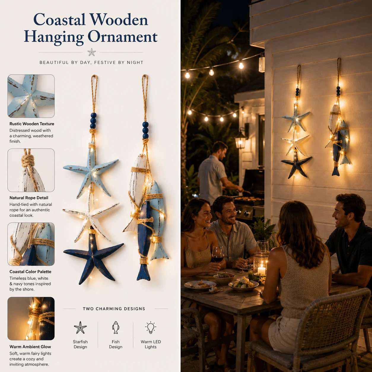 🐟🌊Lighted Coastal Wooden Starfish & Fish Hanging Decor