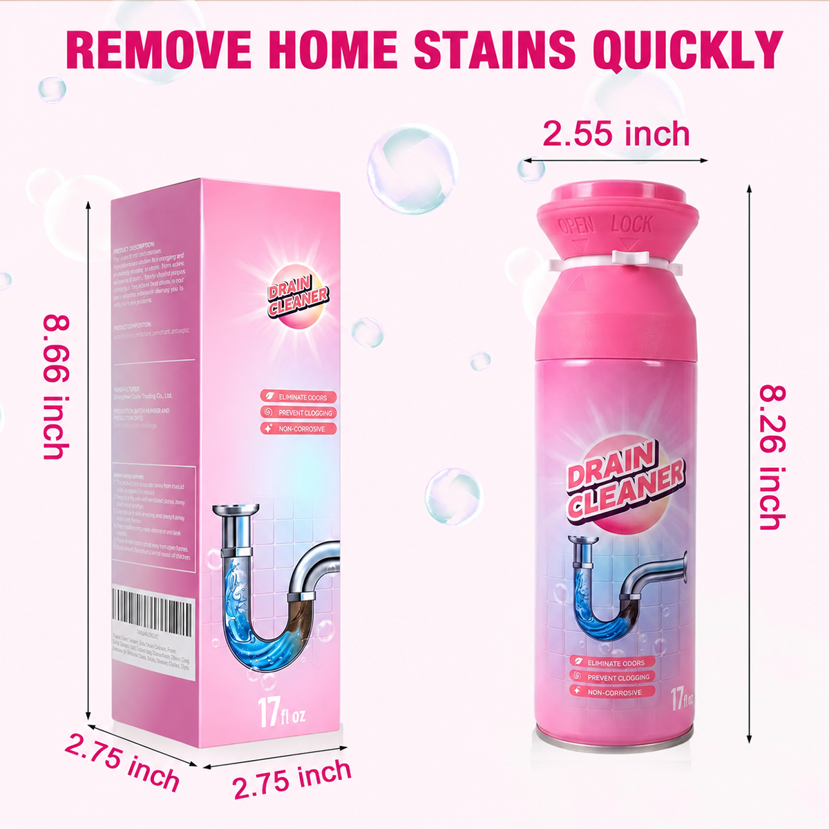Foam Drain Cleaner, Alcohol‑Free Lemon Scent for Household Drains