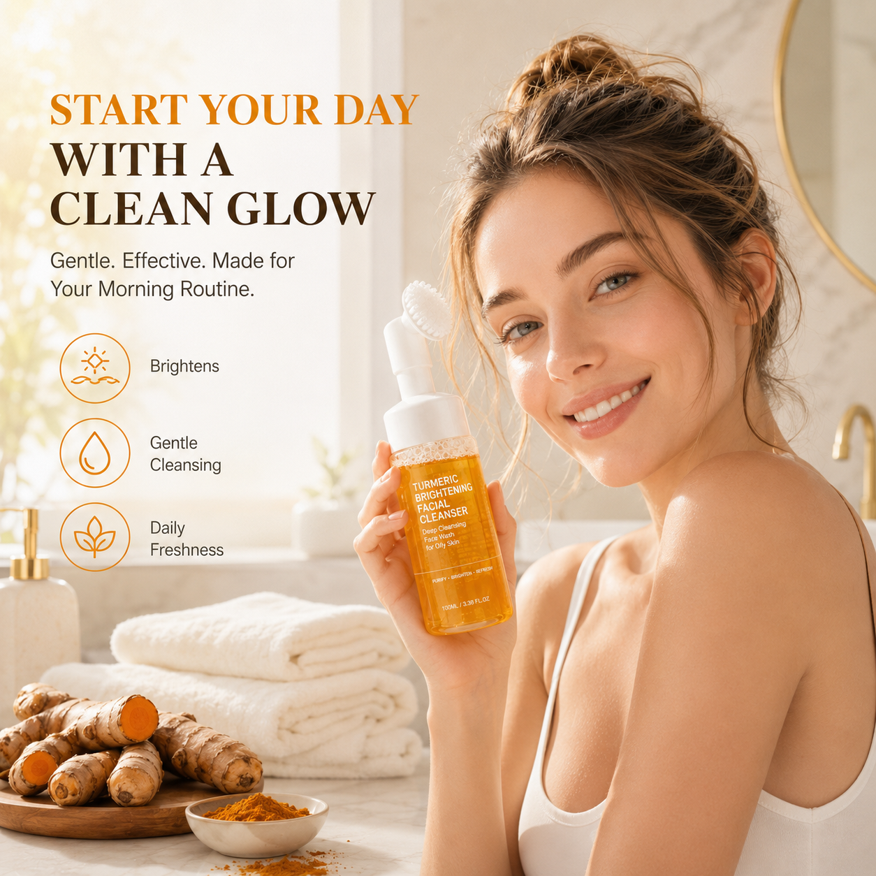 Turmeric Brightening Facial Cleanser, Deep Cleansing Face Wash for Oily Skin