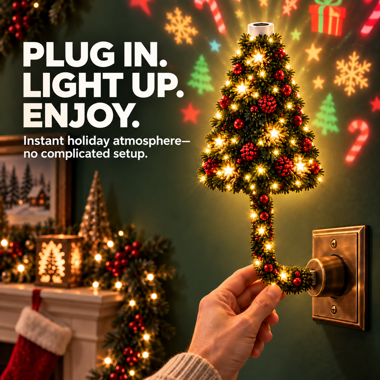 Hand plugging in Christmas projection night light near a fireplace