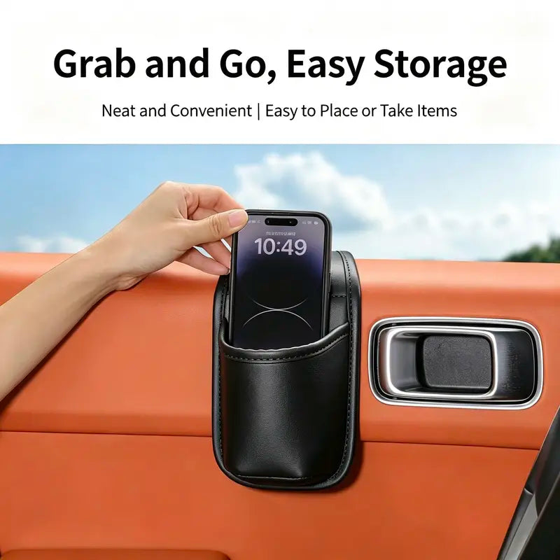 Leather Car Door Side Organizer Pocket, Double‑Layer Storage Pouch with Flannel Lining