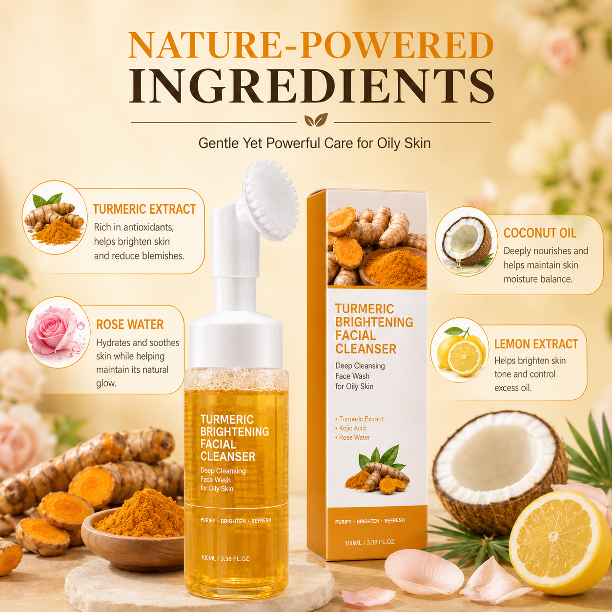 Turmeric Brightening Facial Cleanser, Deep Cleansing Face Wash for Oily Skin