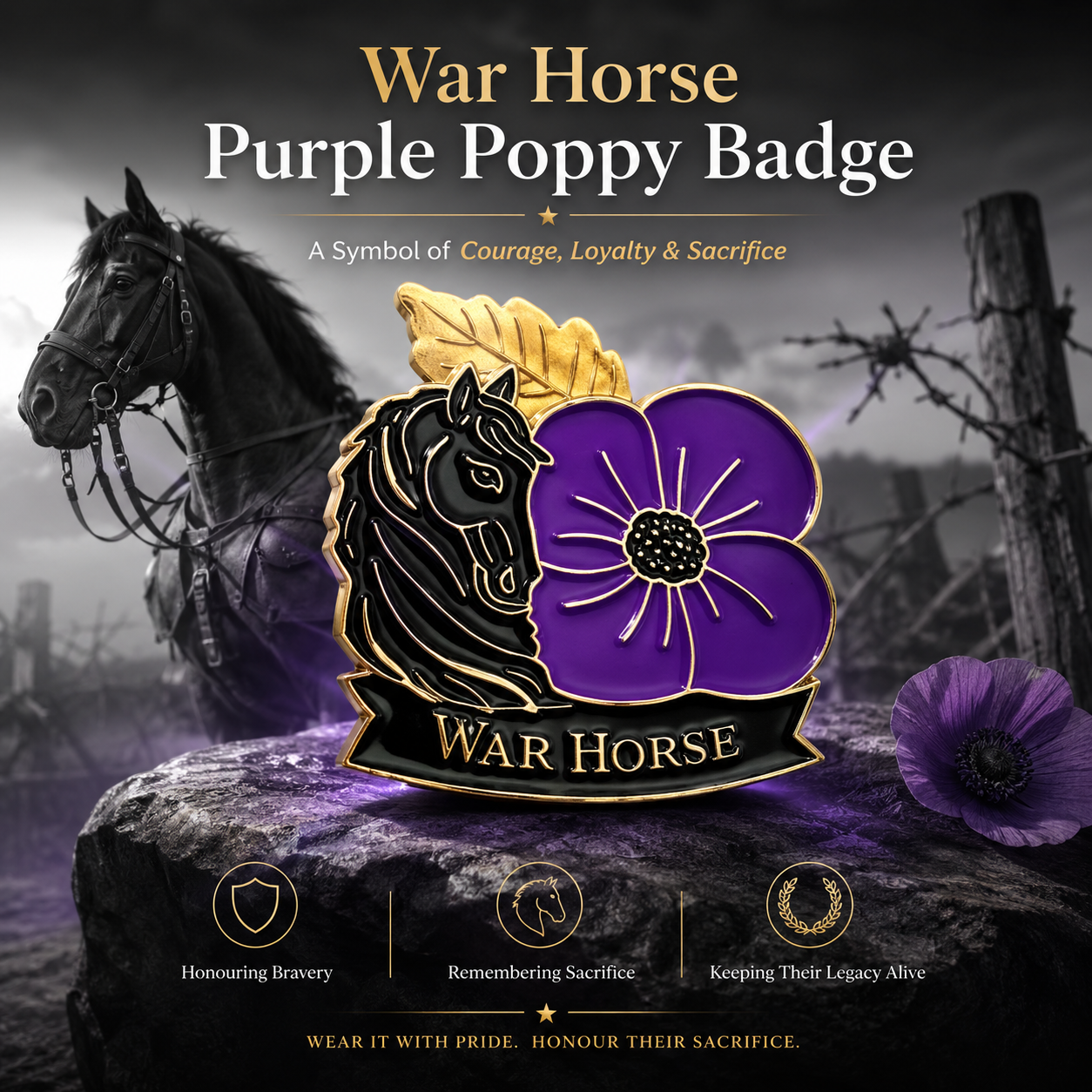Limited‑Edition Purple Poppy War Equine Remembrance Brooch