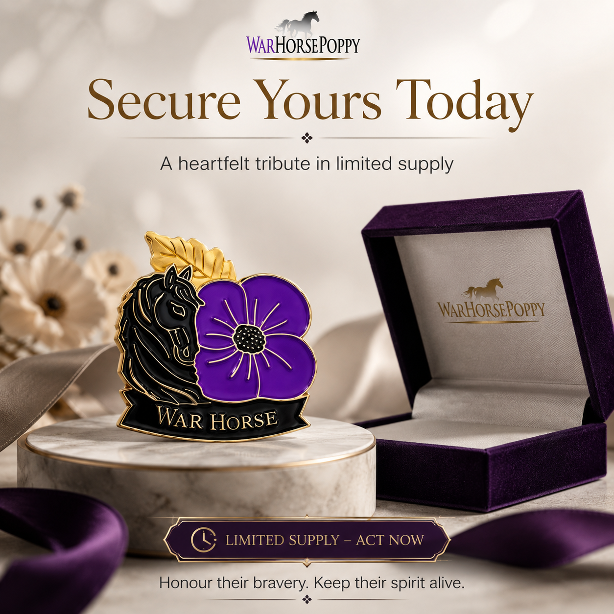 Limited‑Edition Purple Poppy War Equine Remembrance Brooch