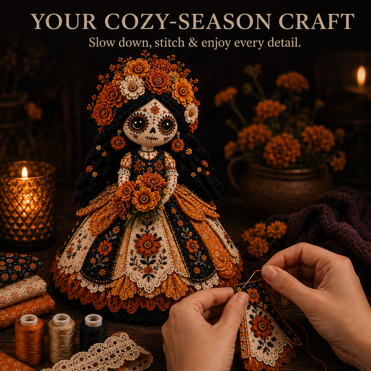 🌼 Day of the Dead-Inspired Skeleton Bride DIY Kit – Handmade Patchwork Doll