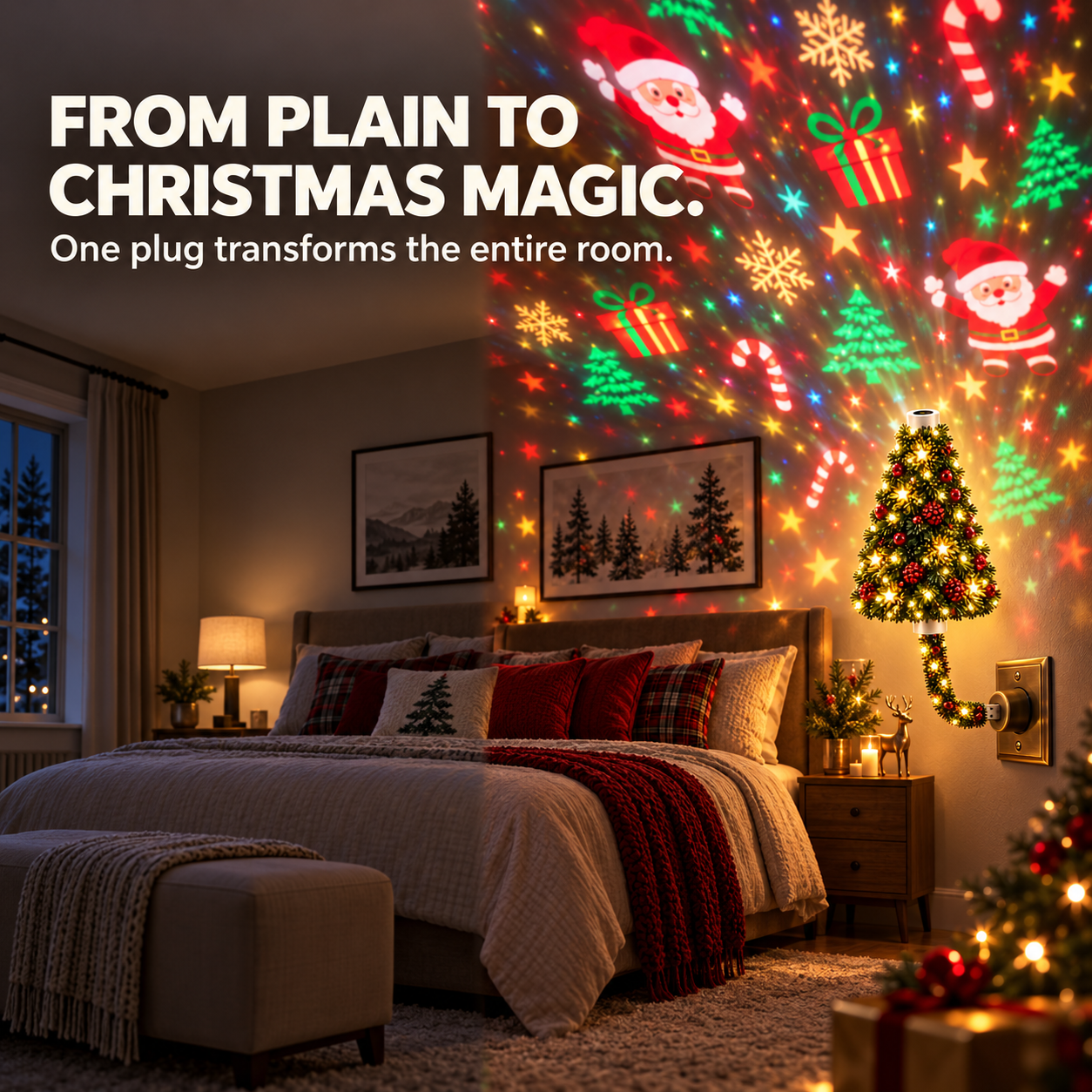 Christmas projection night light filling a bedroom wall and ceiling with festive artwork