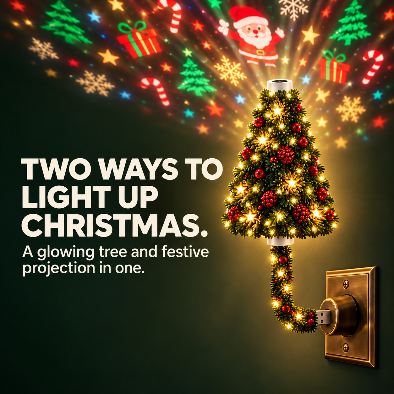 Close view of plug-in Christmas tree lamp with festive wall projection