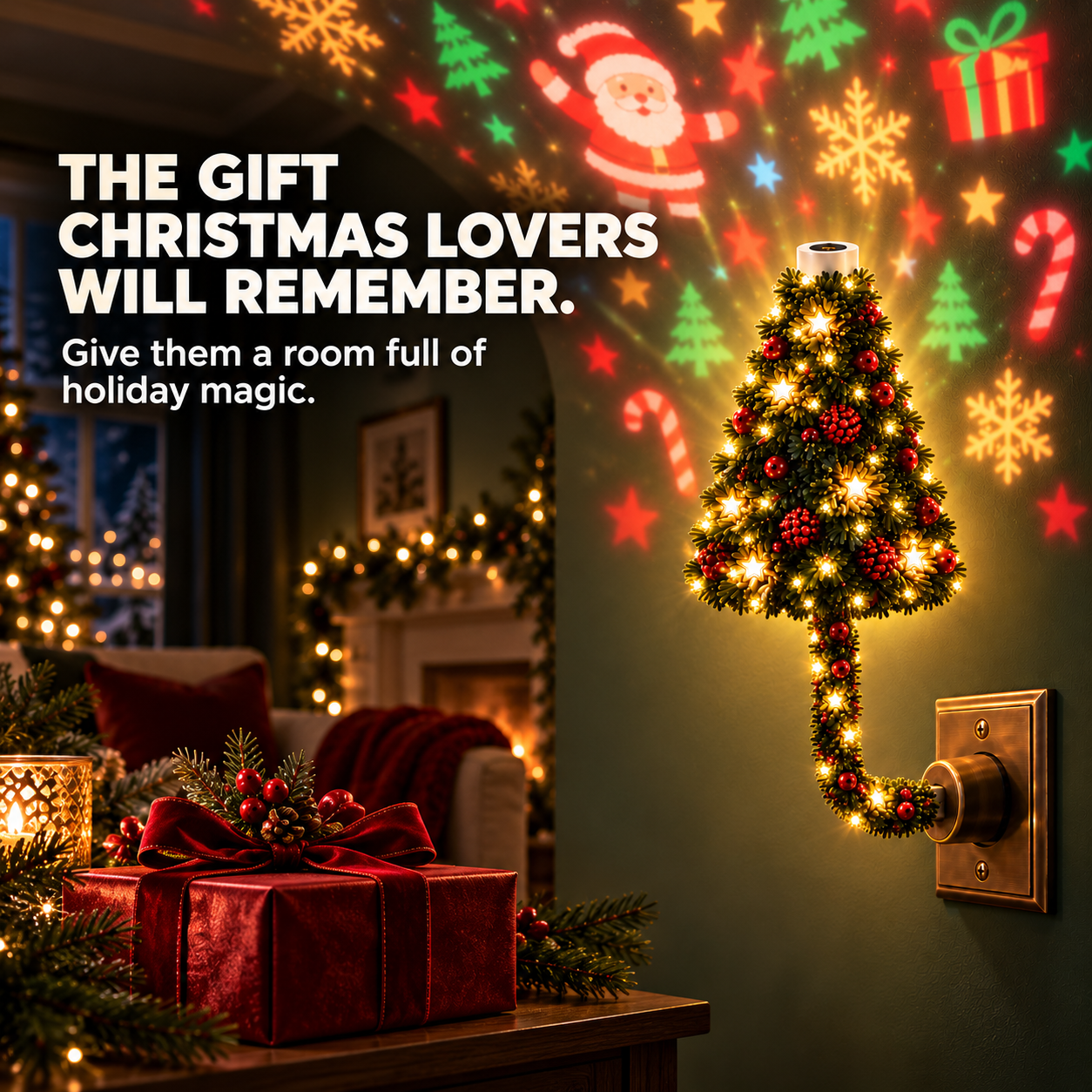 Plug-in Christmas projection light displayed as a holiday gift