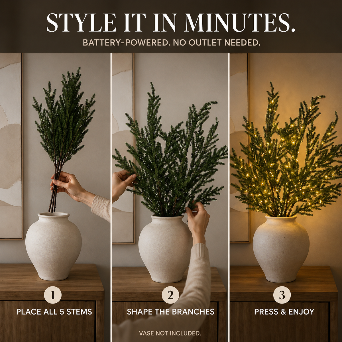5-Piece Pre-Lit Norfolk Pine Twinkle Stems – A Vase Full of Christmas Glow ✨
