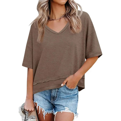 Women's V-neck Mid-length Sleeve Spliced Hem Basic Top