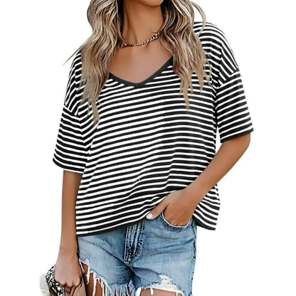 Women's V-neck Mid-length Sleeve Spliced Hem Basic Top