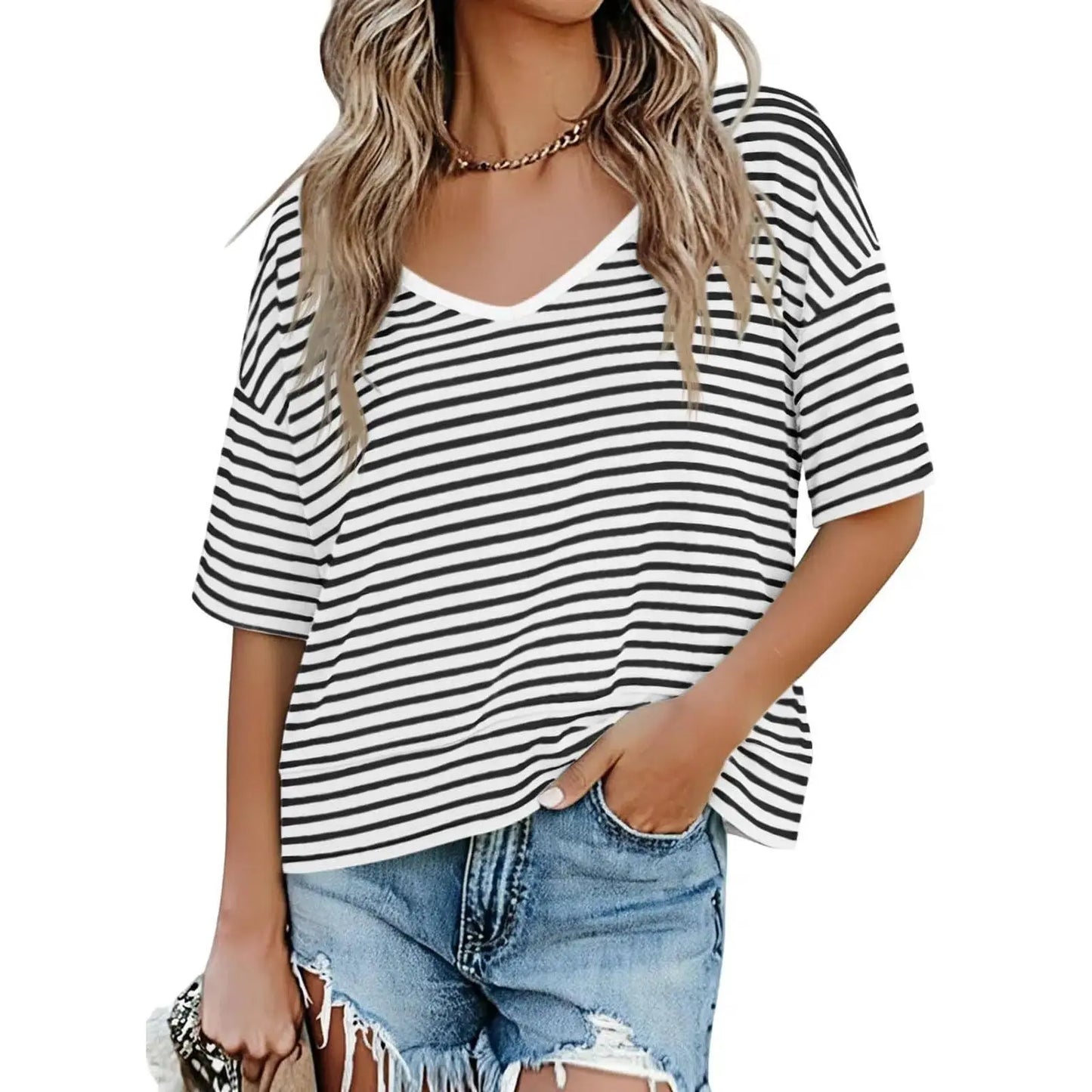 Women's V-neck Mid-length Sleeve Spliced Hem Basic Top