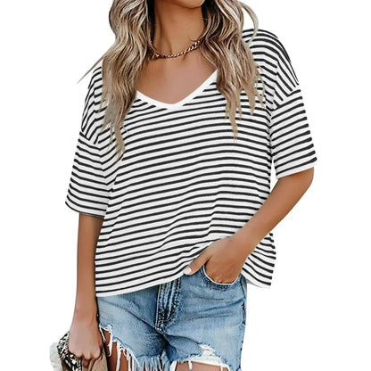 Women's V-neck Mid-length Sleeve Spliced Hem Basic Top