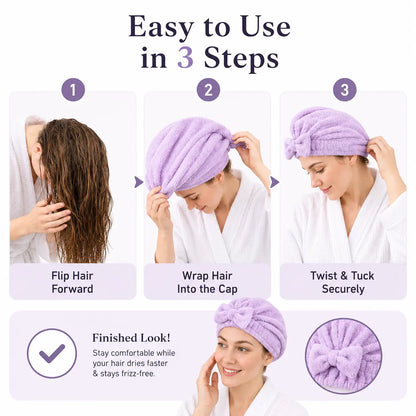 Women’s Bow Decor Shower Cap and Soft Absorbent Hair Towel Wrap Set