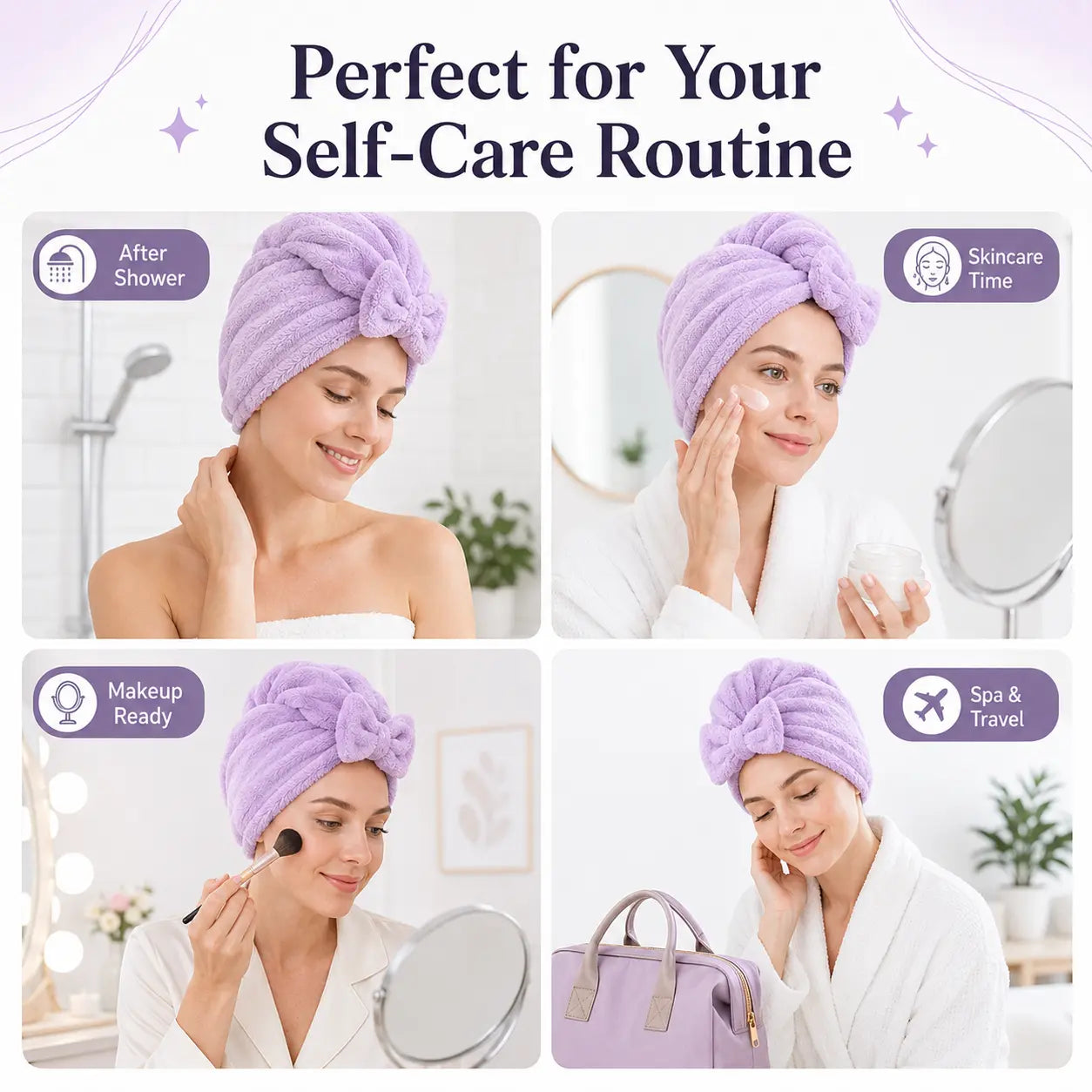 Women’s Bow Decor Shower Cap and Soft Absorbent Hair Towel Wrap Set