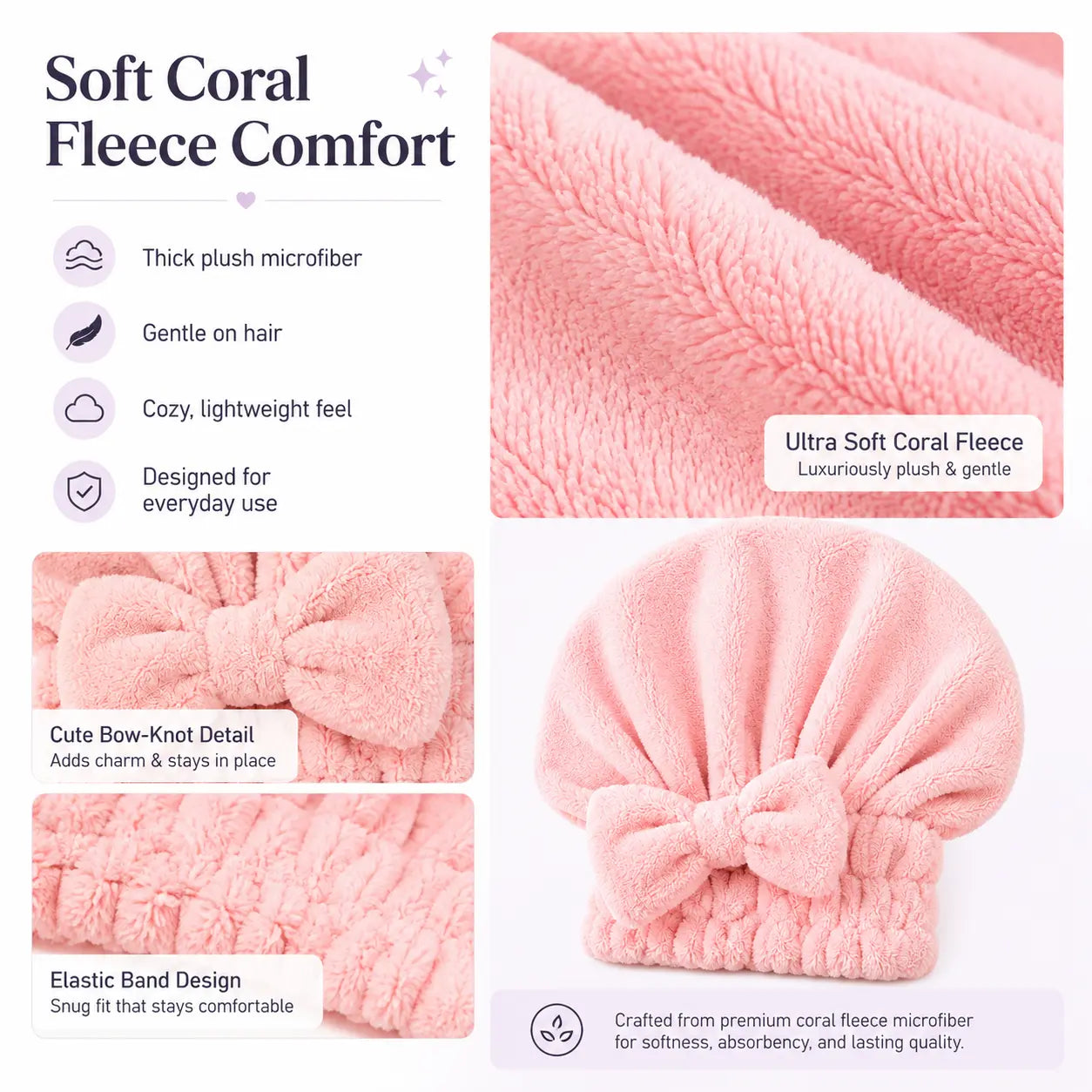 Women’s Bow Decor Shower Cap and Soft Absorbent Hair Towel Wrap Set