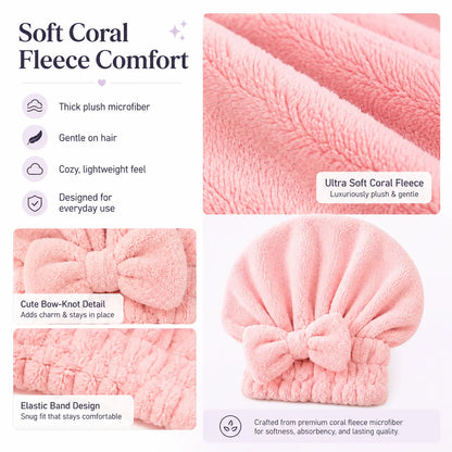 Women’s Bow Decor Shower Cap and Soft Absorbent Hair Towel Wrap Set
